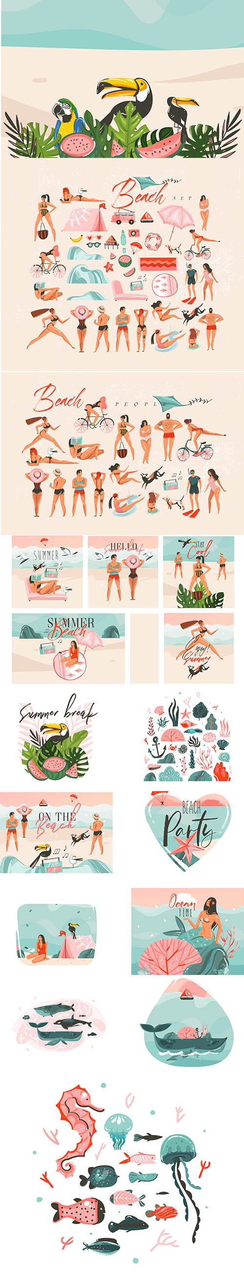 Hand-Drawn Abstract Graphic Cartoon Summer Time Flat Illustrations