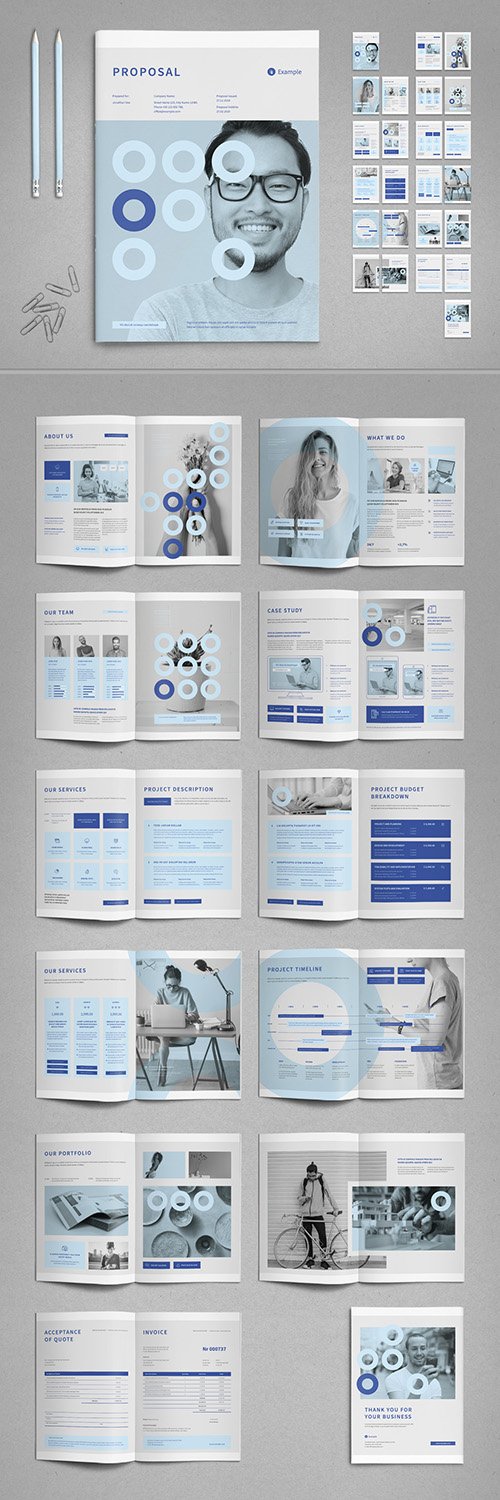 Agency Proposal Layout in Pale Blue and Light Gray