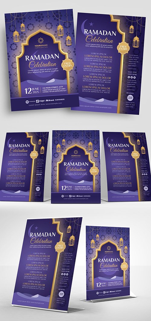 Purple Ramadan Event Flyer Layout with Hanging Lantern Illustrations