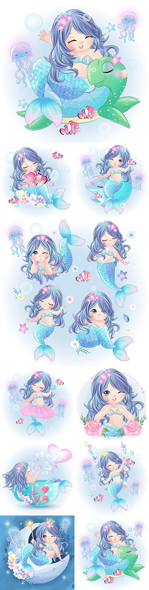 Sea mermaid drawn cute character beautiful illustration