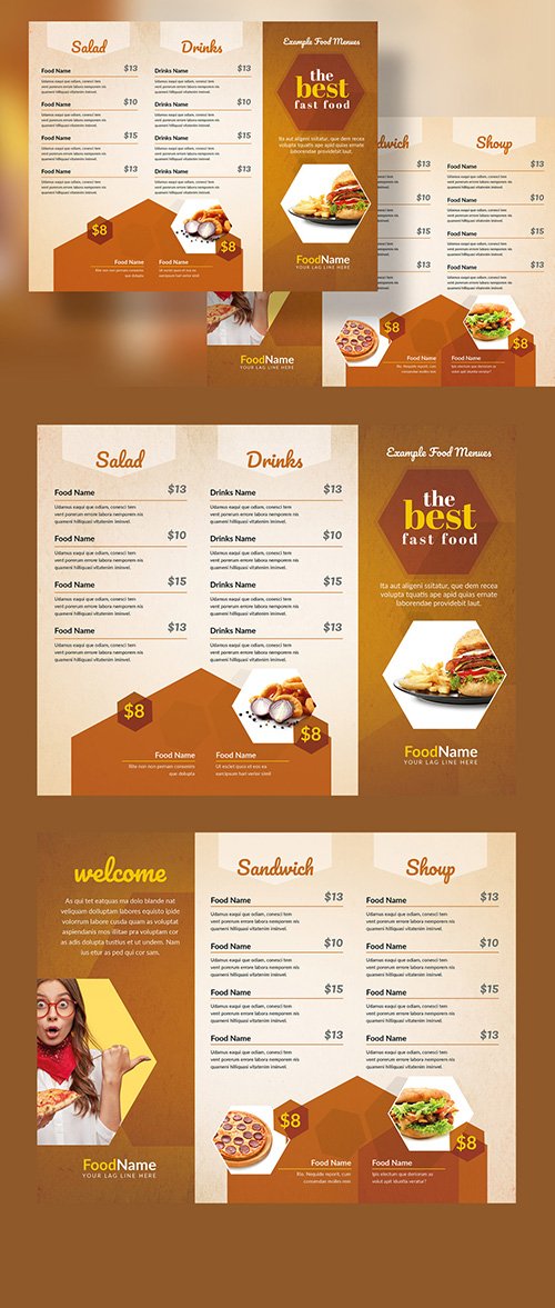Golden Food Menu Trifold Layout with Hexagon