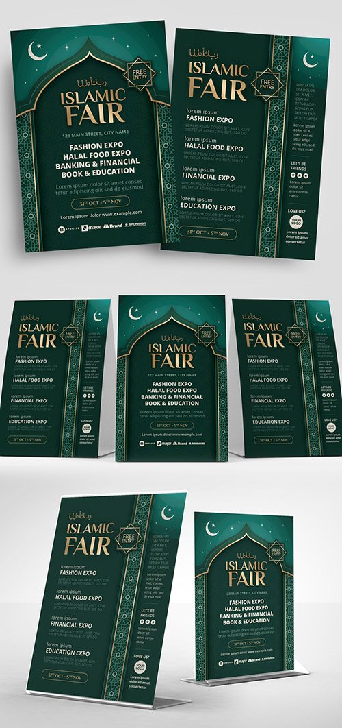 Dark Green Flyer Layout with Arabic Text Elements