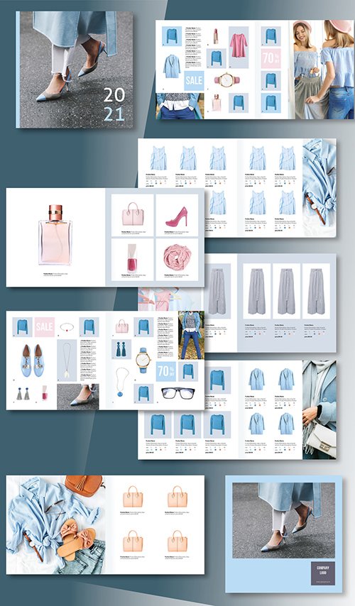 Square Product Catalog Layout with Gray and Blue Accents