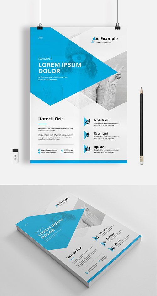 Business Flyer Layout with Blue Overlay Elements