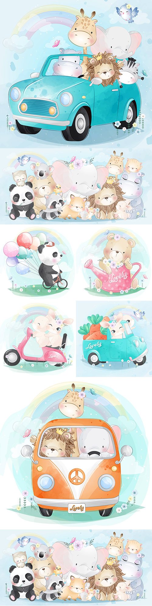 Cute animals with balloons in car illustration watercolor