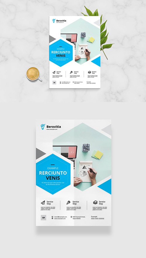 Business Flyer Layout with Blue Hexagonal Elements