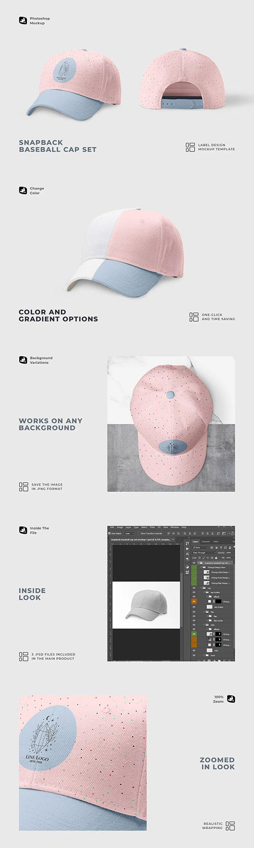 Snapback Baseball Cap Set Mockup 6893028