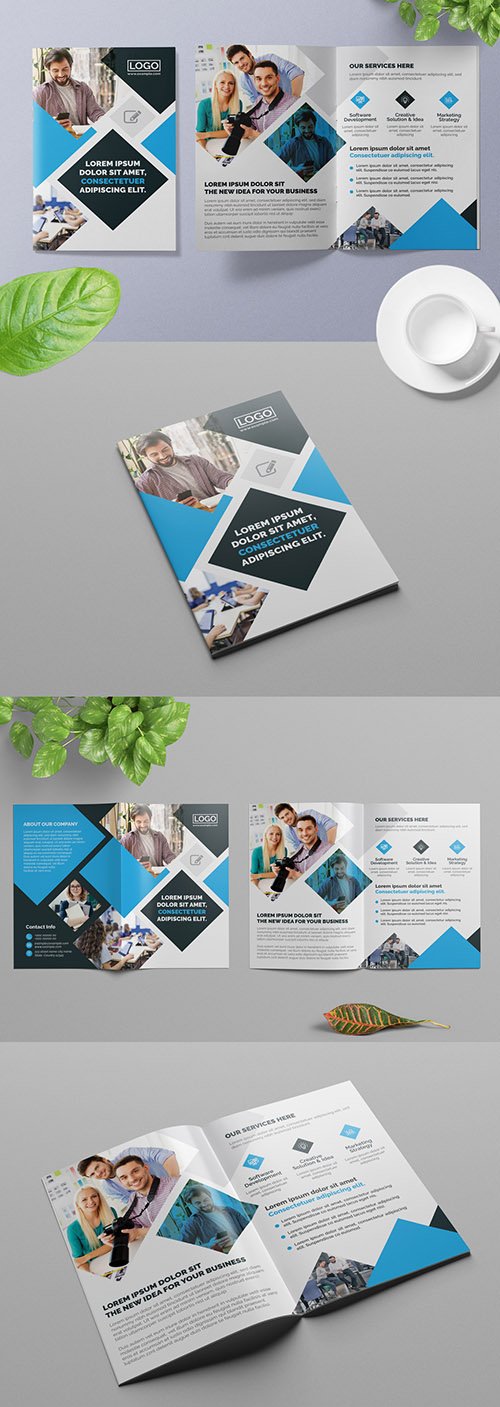 Dark Blue Bifold Business Brochure Layout with Light Blue Accents