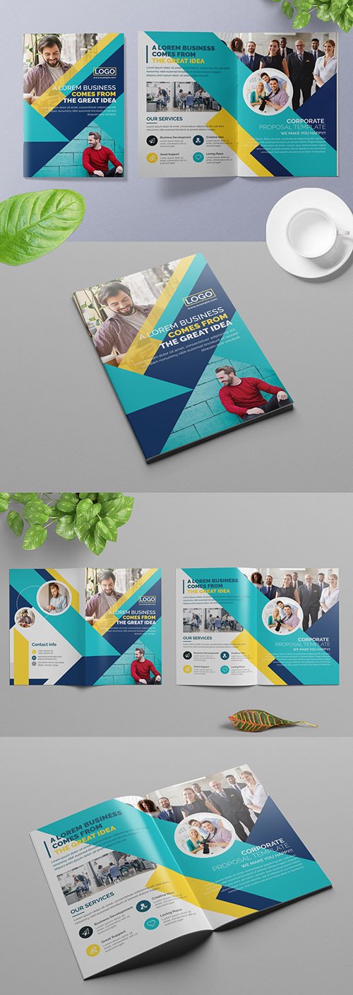 Business Brochure Layout with Blue and Yellow Geometric Elements 309429249