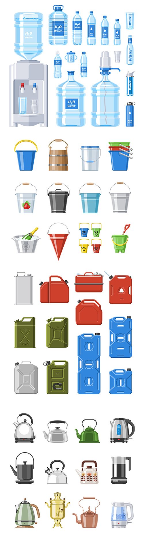 Bottle water, bucket and kettle collection vector illustrations