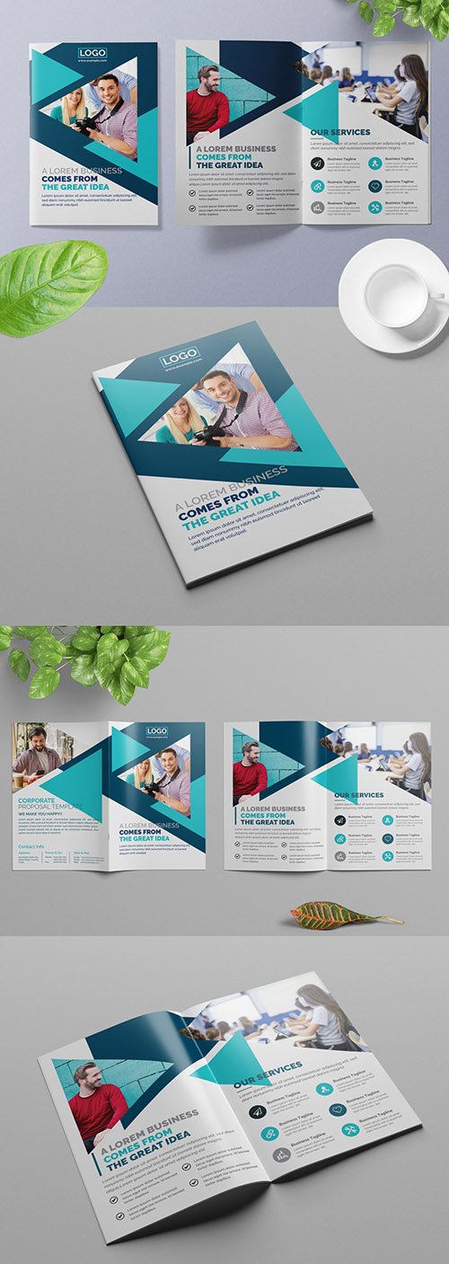 Bifold Business Brochure Layout with Blue Geometric Design Elements