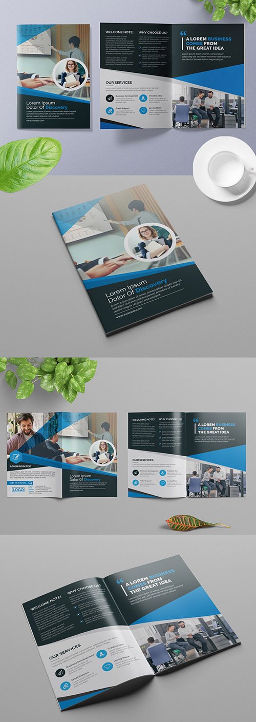 Bifold Business Brochure Layout with Blue Geometric Design Elements