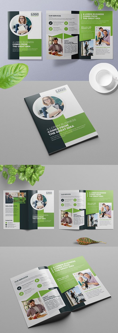 Bifold Business Brochure Layout with Green Accents
