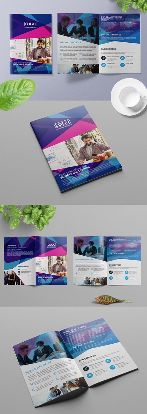 Bifold Business Brochure Layout with Geometric Elements