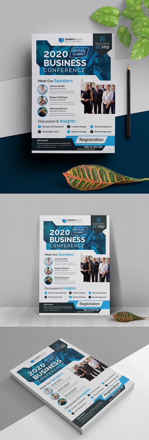 Annual Conference Flyer Layout with Blue Accents