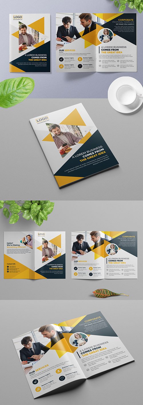 Bifold Business Brochure Layout with Orange Geometric Elements