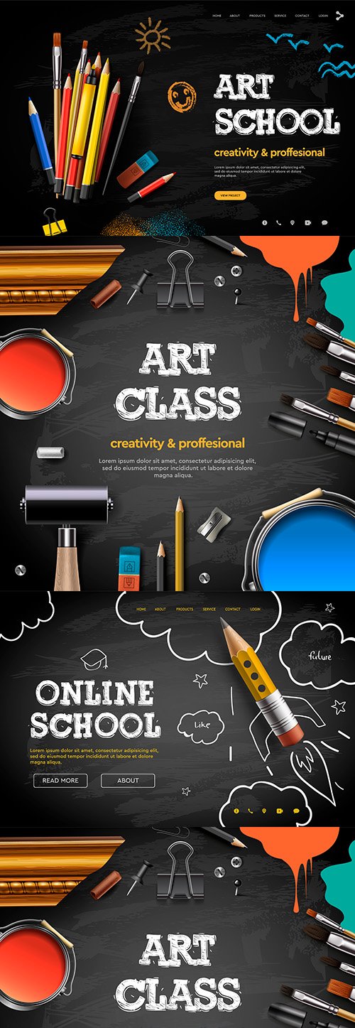 Art class, studio education banner poster on black background