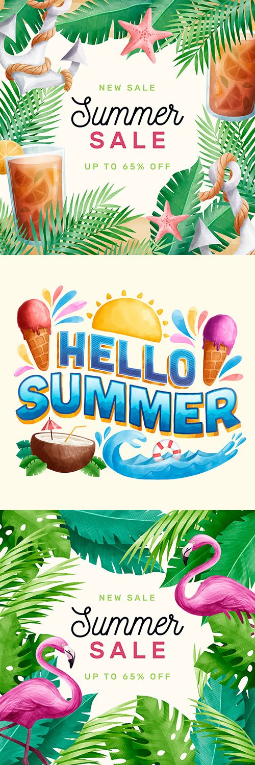 Hello Summer sale tropical design watercolor