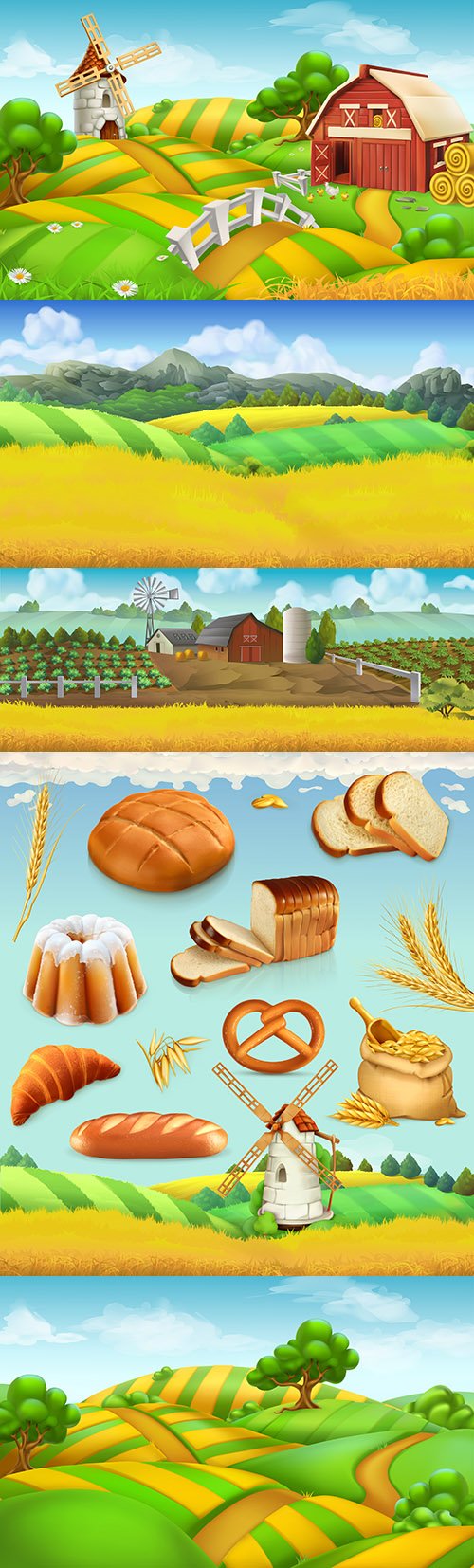 Farm field landscape and wheat with bread 3d illustrations