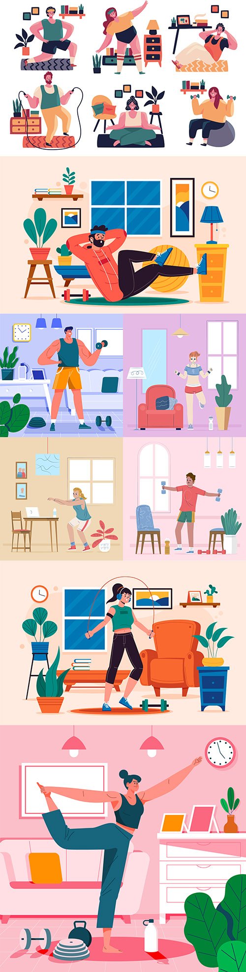 Teaching and sports at home concept illustrations