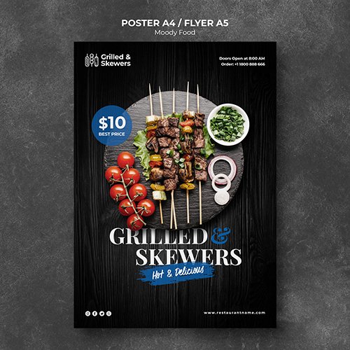 Grilled skewers with veggies restaurant poster PSD template