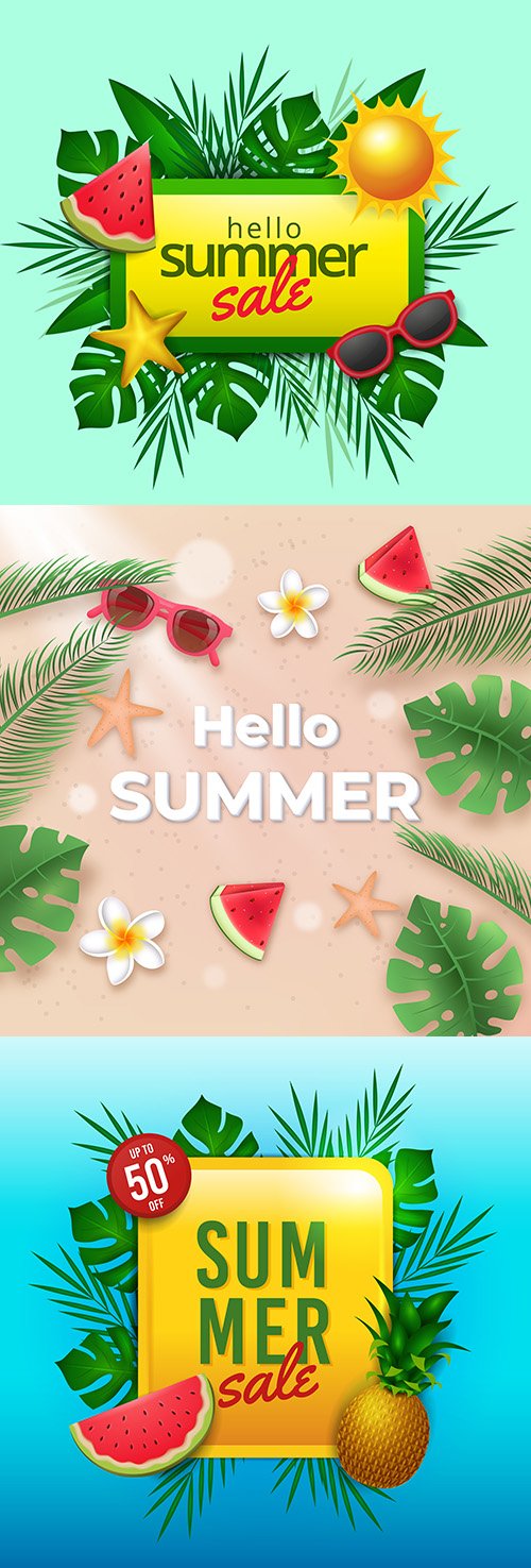 Hello summer realistic sale concept with tropical leaves