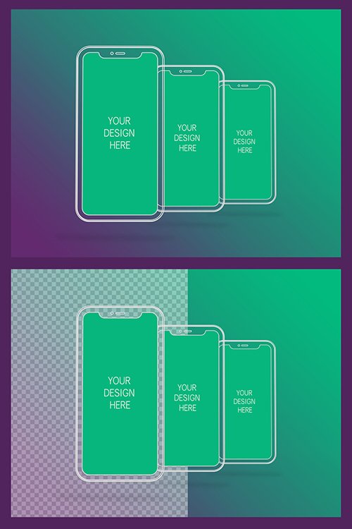 3 Wireframe Smartphones Screen Mockups with Transparent Background