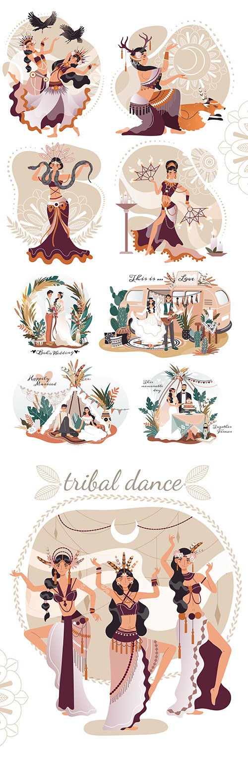 Boho-style wedding and beautiful female ritual dancing illustration