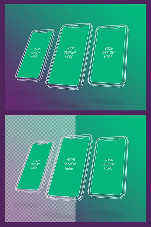 3 Wireframe Smartphones Screen Mockups with Transparent Background