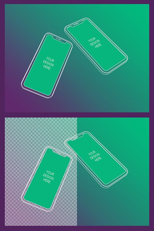 2 Wireframe Smartphones Screen Mockups with Transparent Background