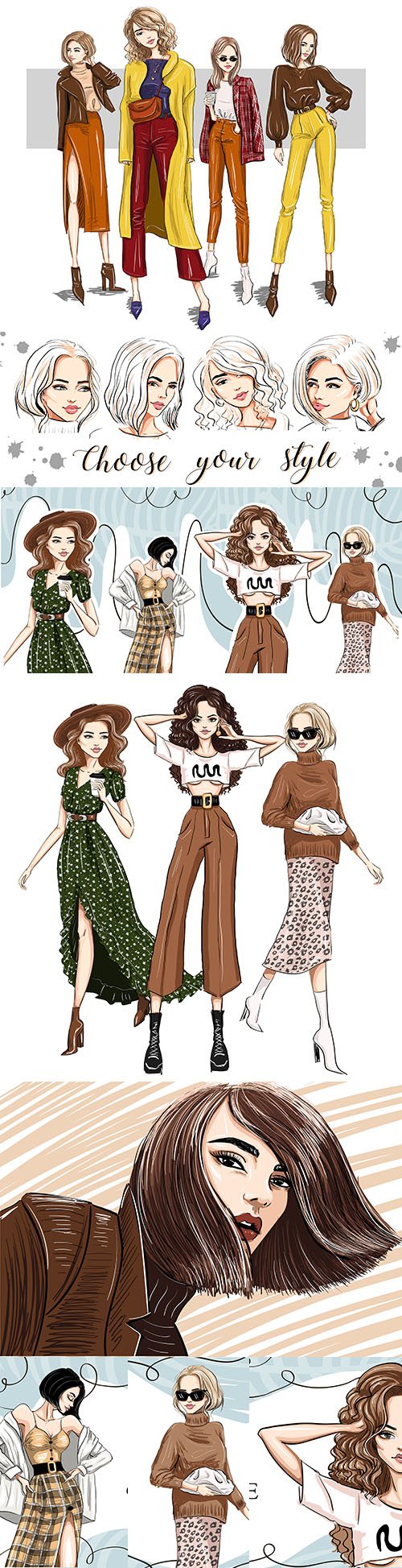 Bright models girls in fashion outfits drawn illustrations