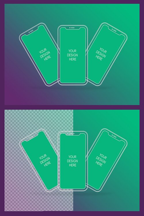 3 Wireframe Smartphones Screen Mockups with Transparent Background