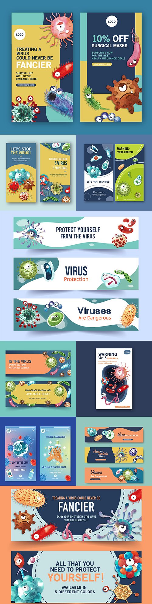 Coronavirus virus protection in watercolor style banner templates