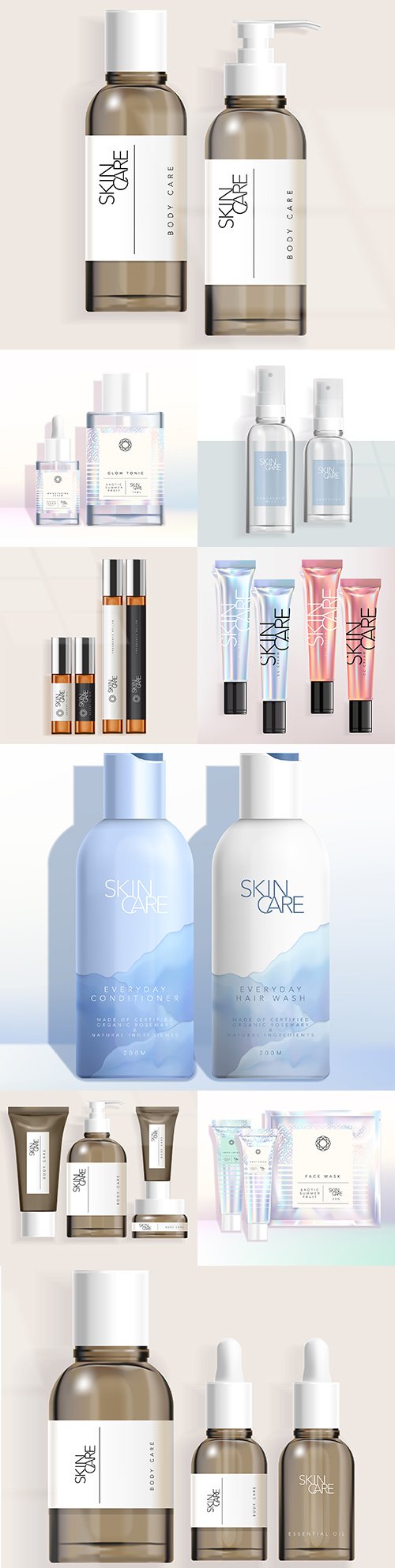 Skin care bottles and holographic rainbow packaging