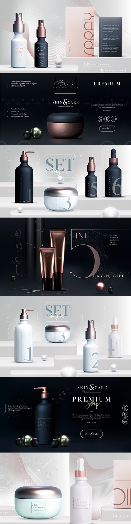 Stylish skin care cosmetics black and white gold bottle