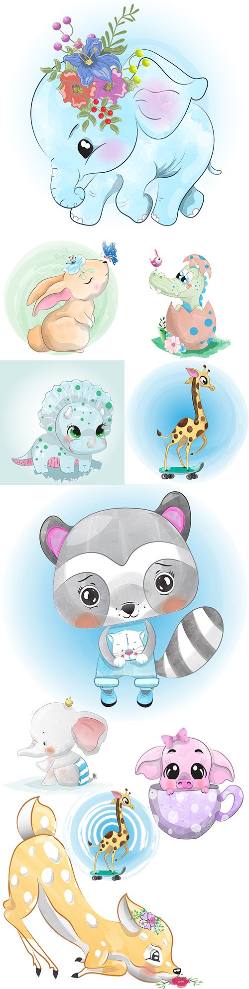 Cute baby animals watercolor drawing illustration