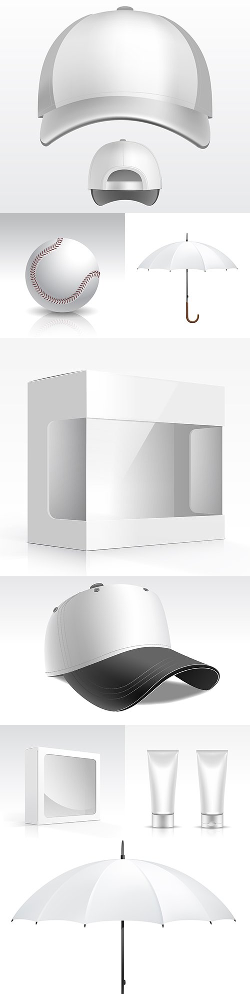 Baseball cap, empty box and various 3d objects illustration