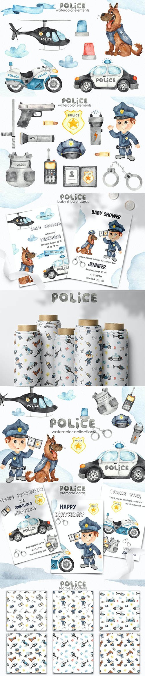 Watercolor Police. Clipart, cards, patterns
