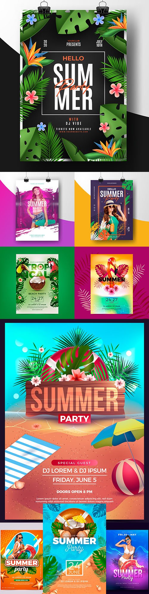Summer tropical party with illustrations poster template