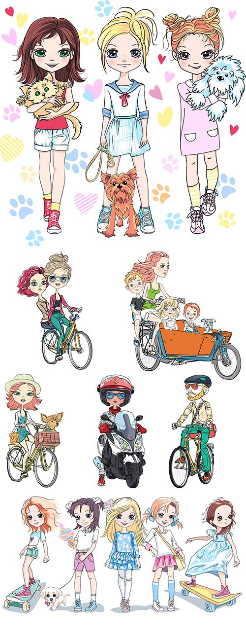 Girl babies and people on a bike illustration