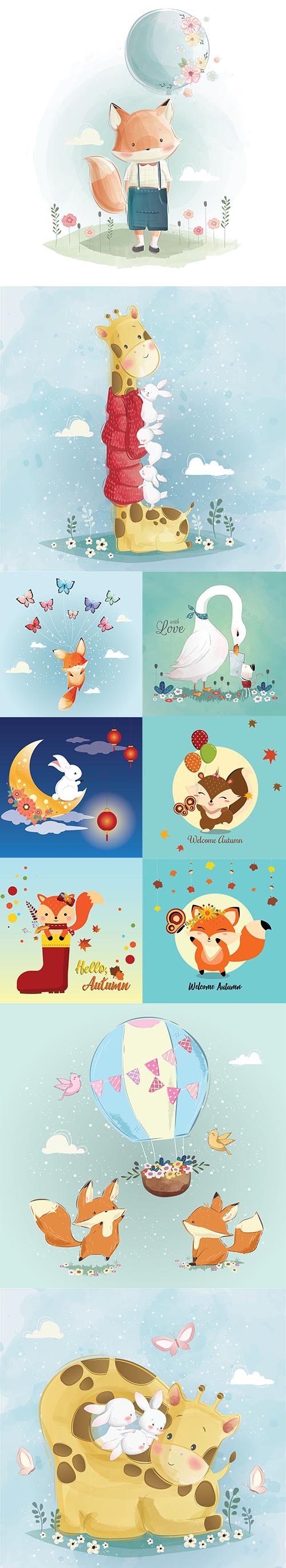 Happy Cute Little Animals Vector Illustration Pack