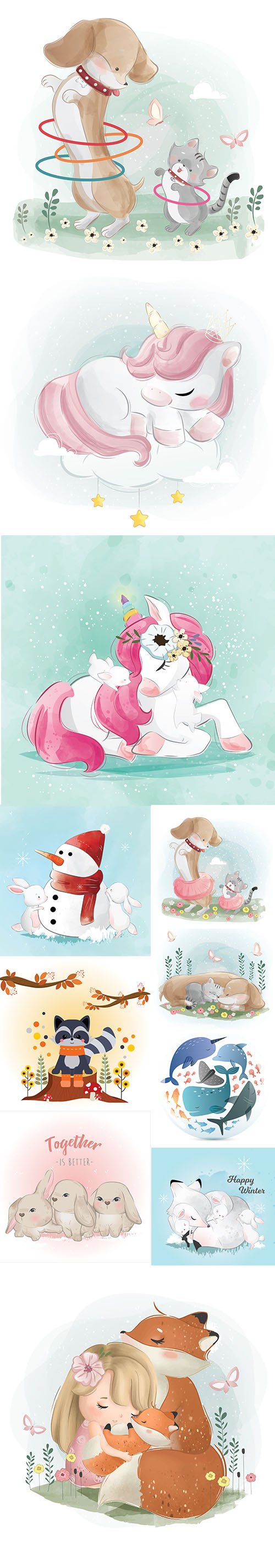 Happy Cute Little Animals Vector Illustration Set Vol 13