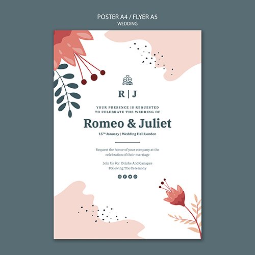 Poster PSD template for wedding with flowers