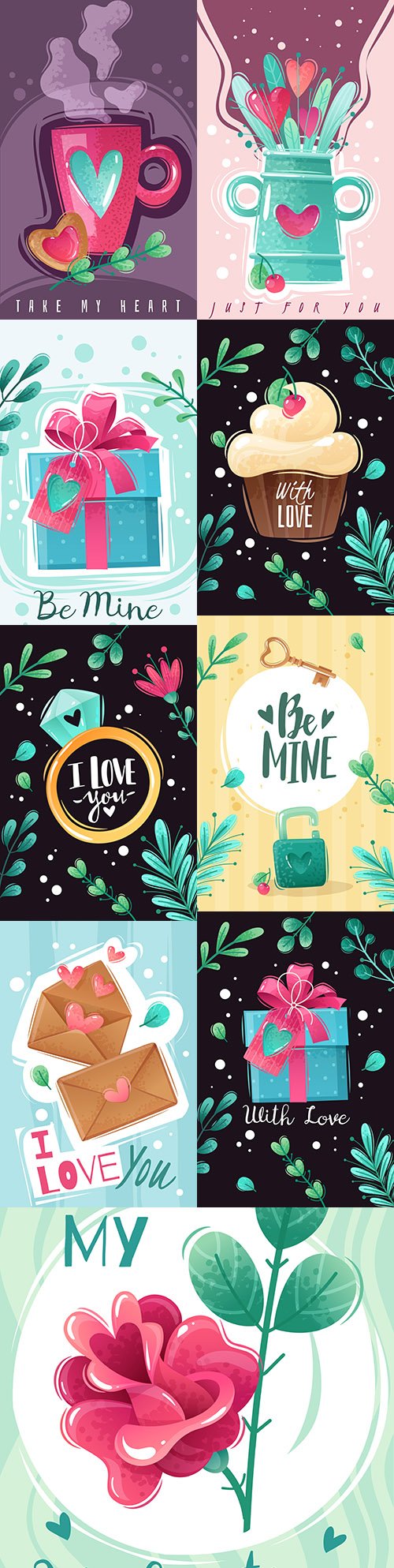 Painted illustrations with gifts and flowers for day of lovers