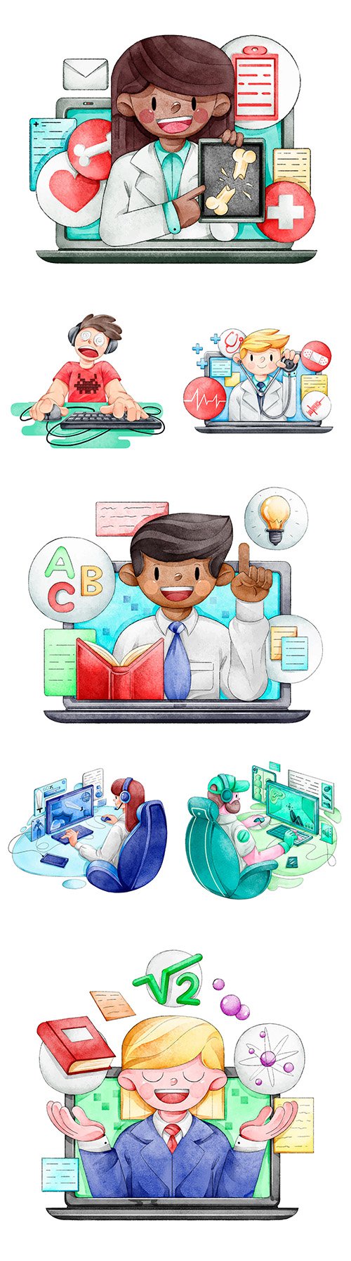 Online courses, video games and internet doctor drawing illustrations