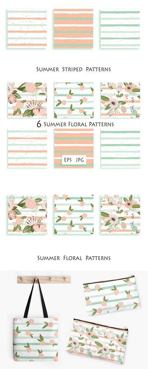Flowers on striped seamless pattern
