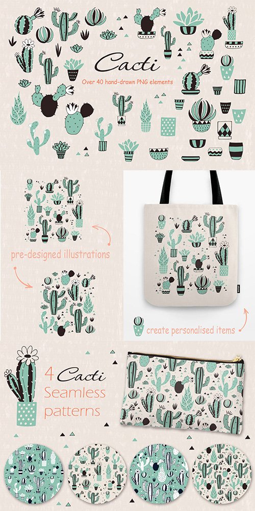 Cacti - Over 40 hand-drown PNG elements