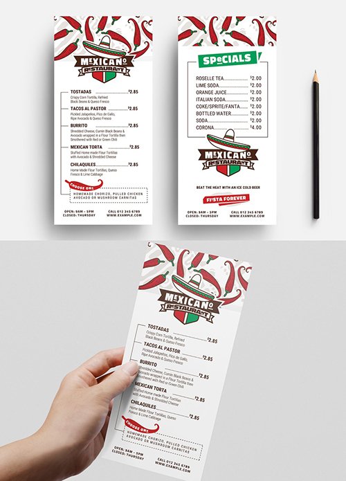 Mexican Restaurant Menu Flyer with Chile and Sombrero Illustrations