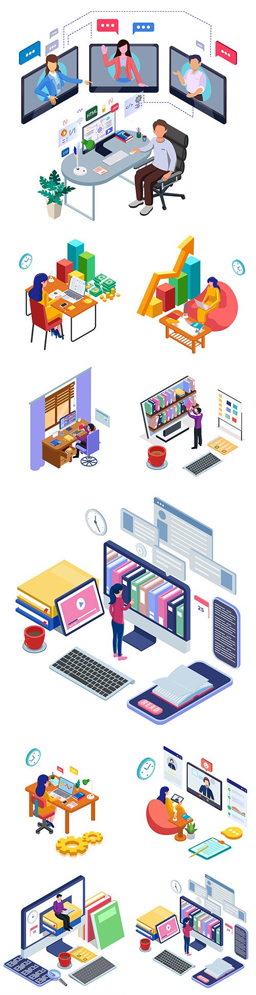 People work online and from home isometric illustrations