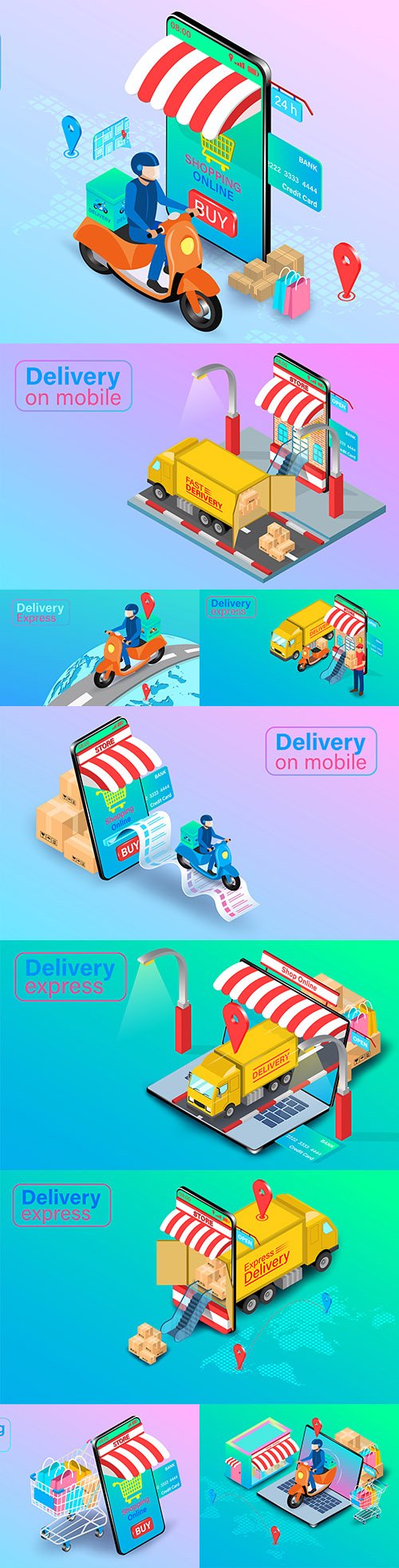 Online ordering and express food delivery isometric flat design
